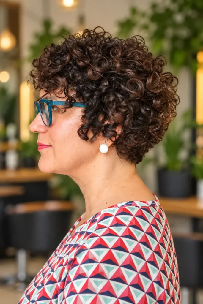 Rounded curly pixie haircut for women over 60 with natural curls