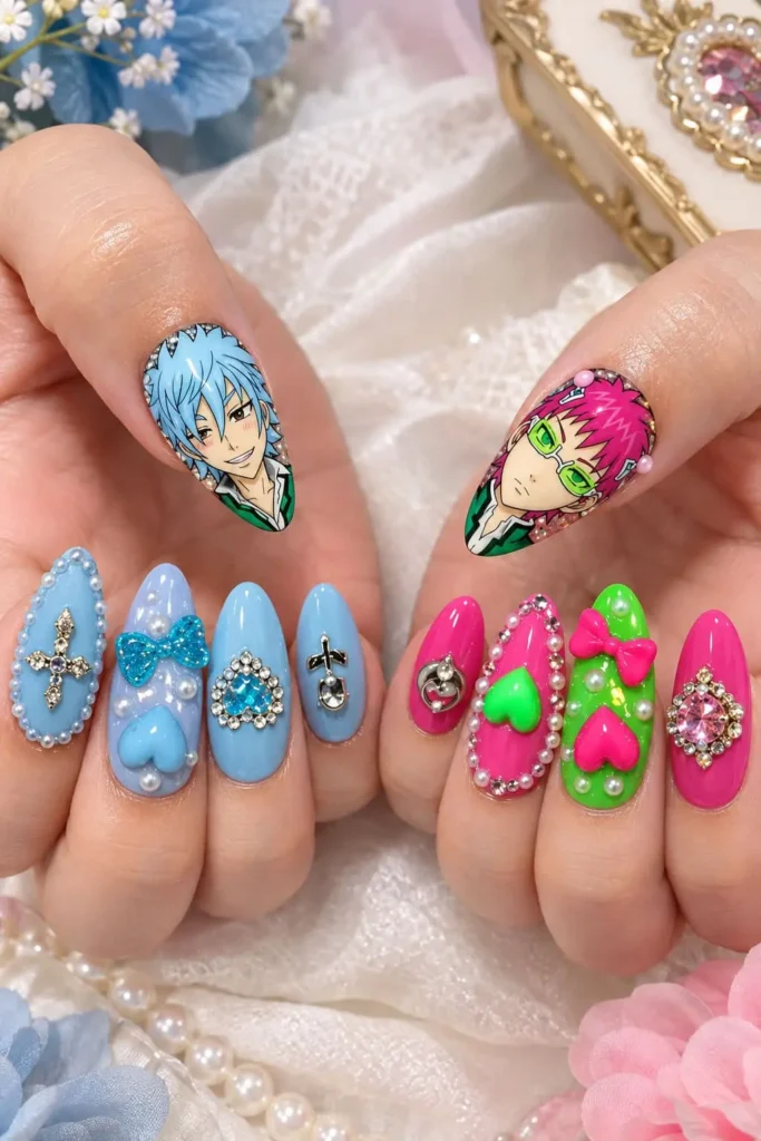 Saiki K mismatched nails with neon green, pink and blue polish, pearls, hearts and anime details