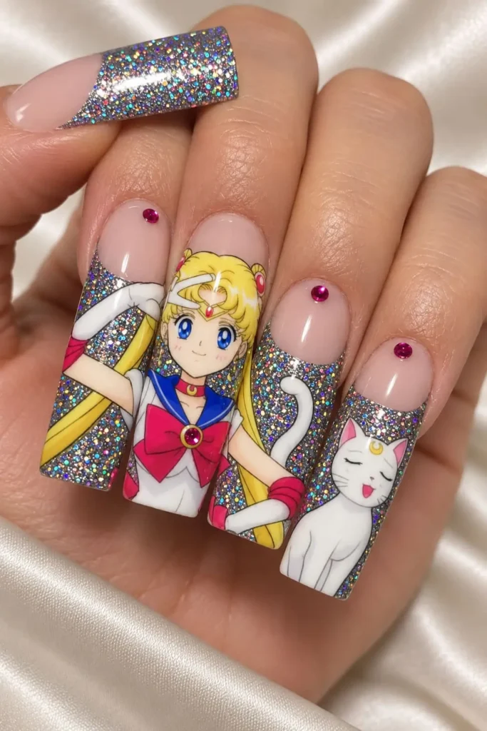 Sailor Moon anime nails with Usagi, Luna, crescent moons and colorful character details