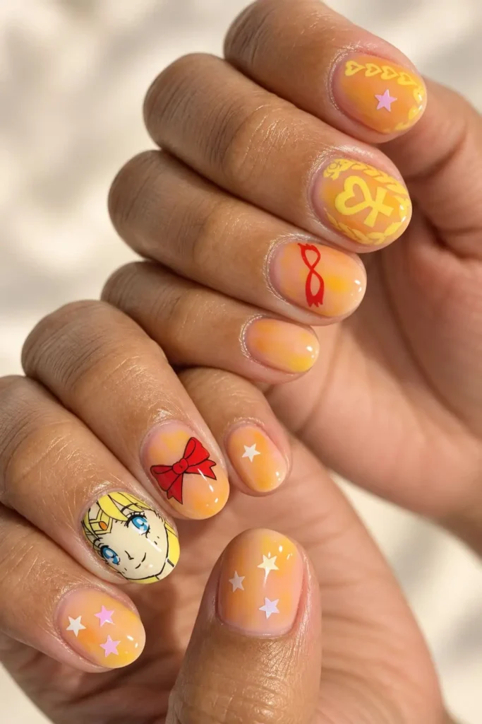 Sailor Moon manicure with Usagi's face, red bow, blue eyes and eye mask details