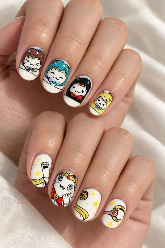Sailor Moon-inspired nails with pastel gradients, stars and Moon Stick details