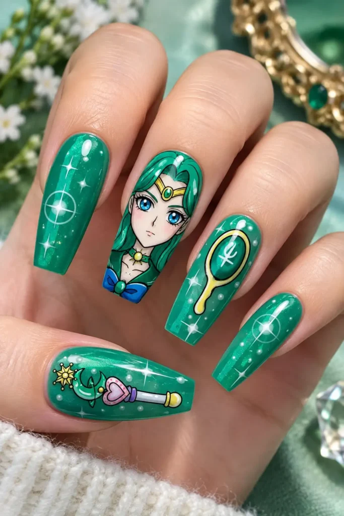 Sailor Neptune nails with teal and jade green swirls, golden headband and aqua mirror details