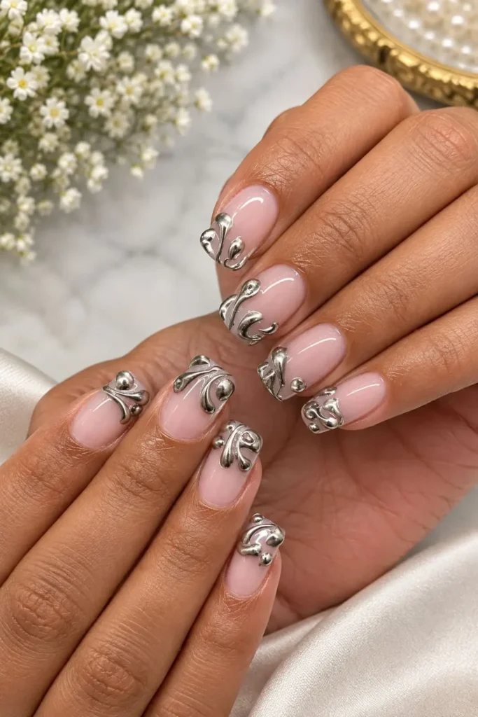 Short square nails with raised silver chrome swirls and 3D French tip details