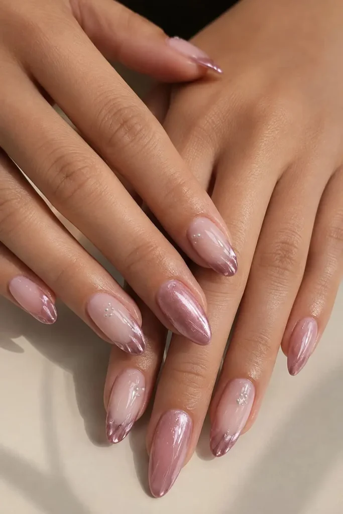 seashell cat eye nails with mauve French tips and 3D pearl details