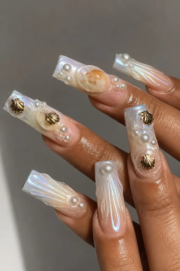 Beach-inspired charm nails with metallic seashell accents and glossy polish