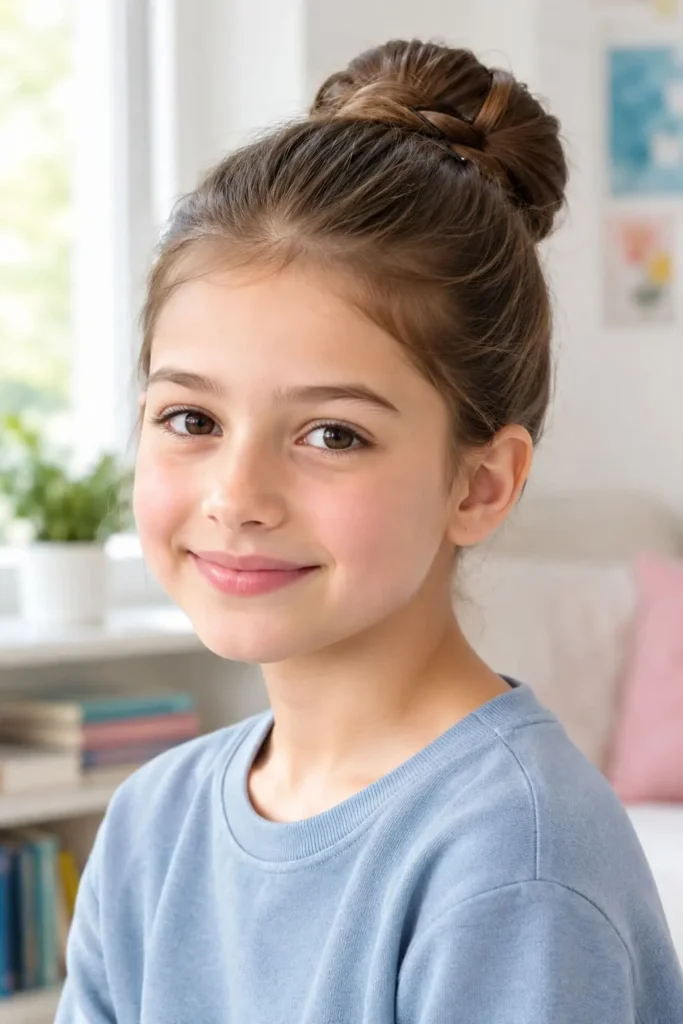 Secure bun hairstyle for children to help reduce loose hair during school
