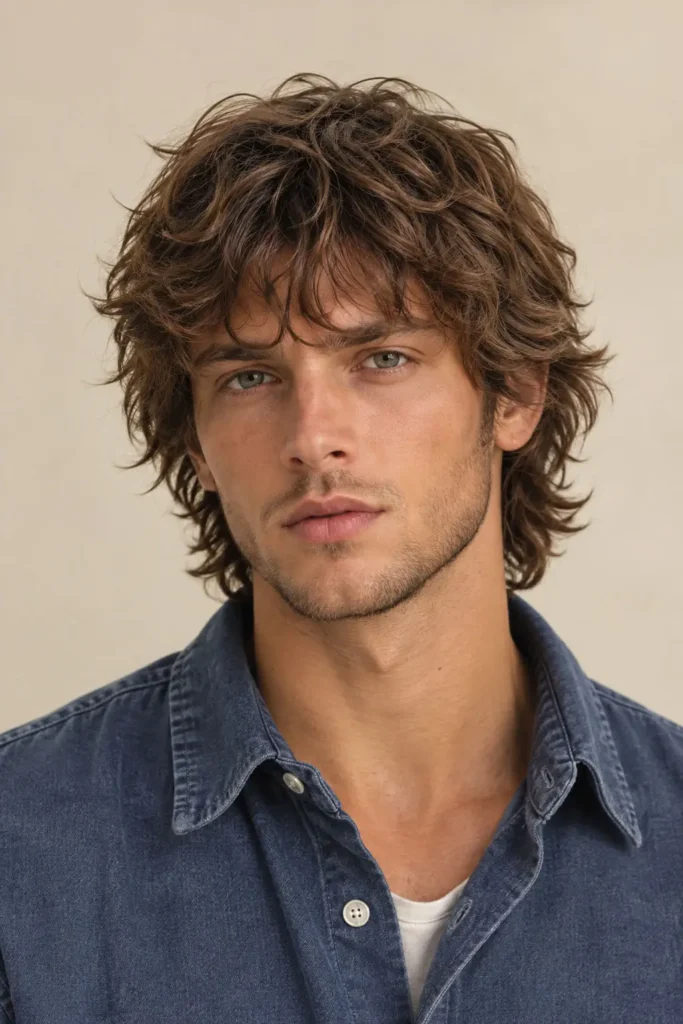 Man with shaggy layered hair and textured pieces framing the sides of a heart-shaped face