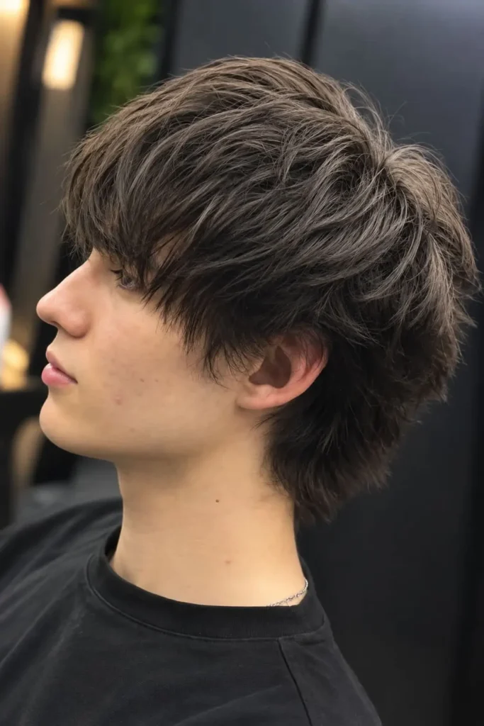 Shaggy mod haircut with long messy layers and thick fringe