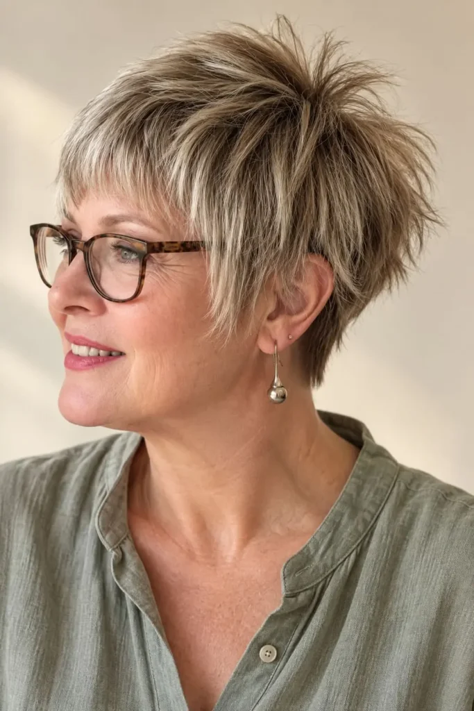 Shaggy pixie with tousled layers and glasses