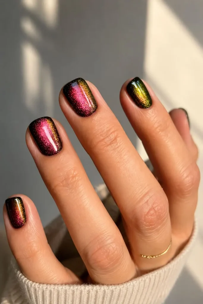 Short acrylic cat eye nails with a deep green and black magnetic shimmer effect