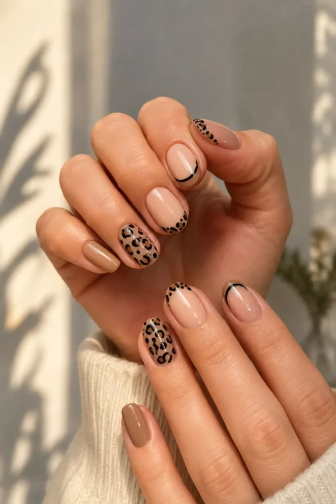 Short acrylic nails with neutral beige, tan, black, and golden-brown cheetah spots
