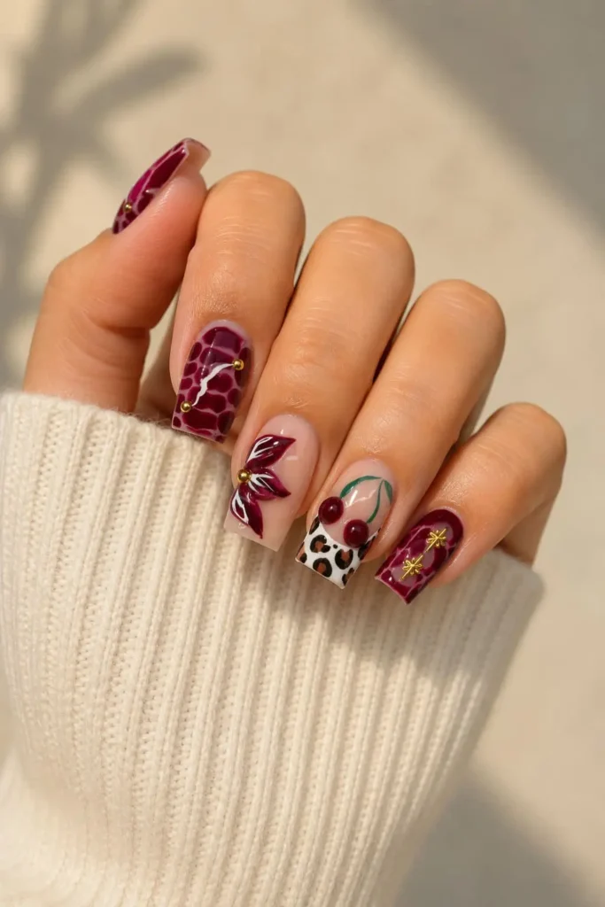 Short square acrylic cherry cola nails with rich red-brown color and gold accents