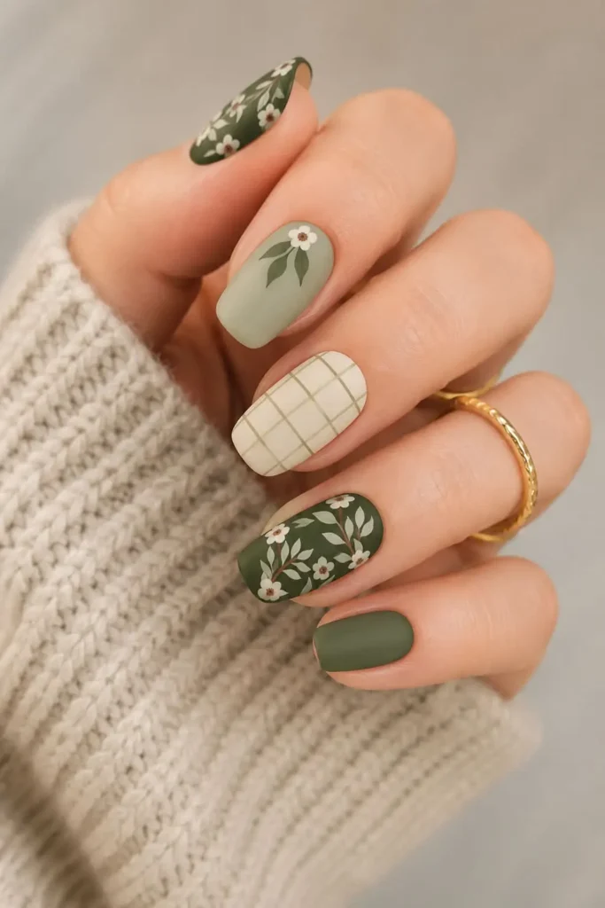 Short acrylic nails with delicate pastel flowers and green botanical details