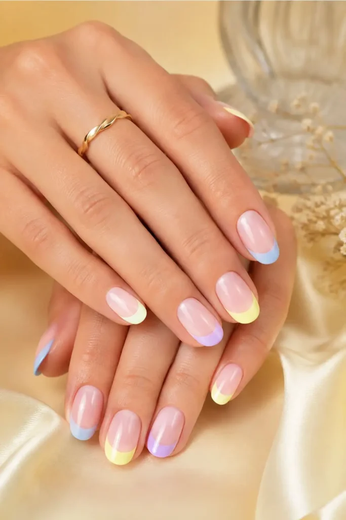 Short acrylic French tip nails with creamy white tips on a nude base