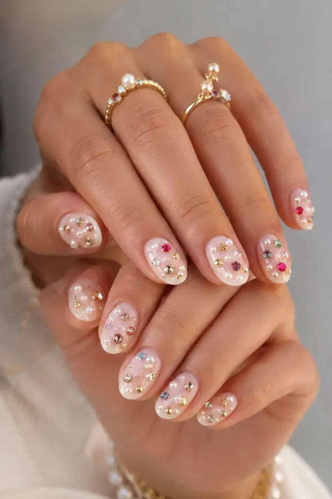 Short acrylic nails decorated with delicate gems, pearls, and gold nail charms