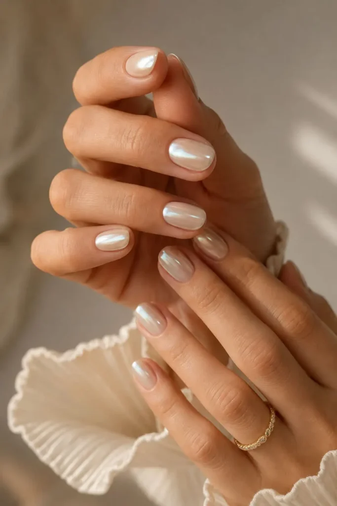 Short acrylic glazed donut nails with a pearlescent chrome finish