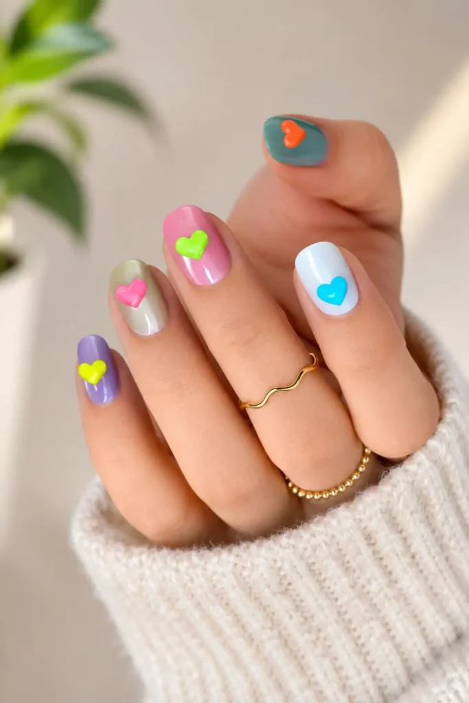 Short acrylic nails with tiny red heart accents on a nude base