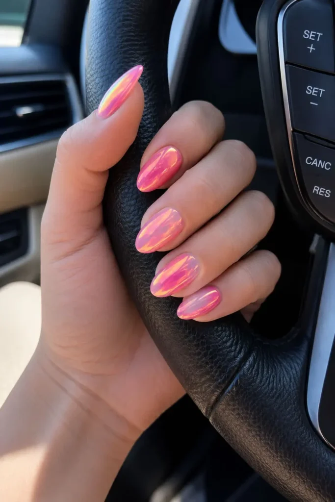 Short oval acrylic nails with a sleek mirror-like pink chrome finish