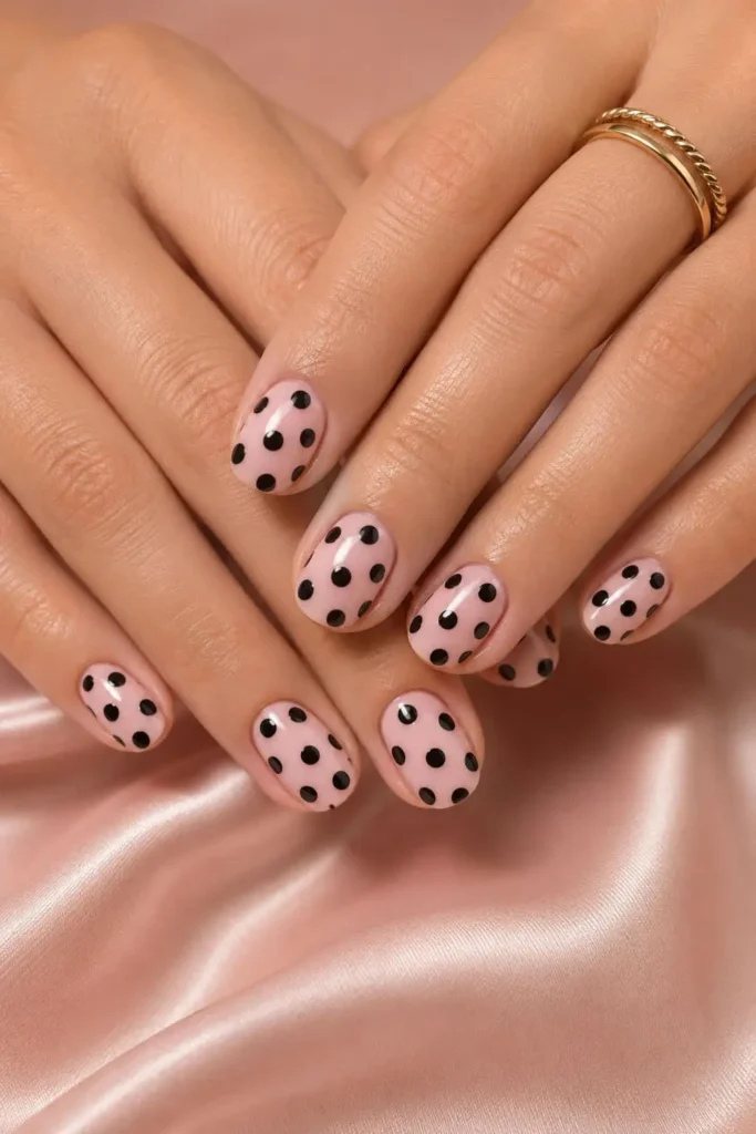 Short acrylic nails with playful black and white polka dot nail art