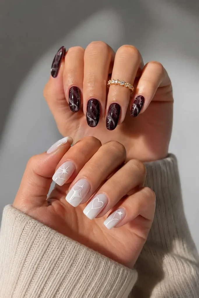 Short acrylic nails with white star accents and shimmering celestial details