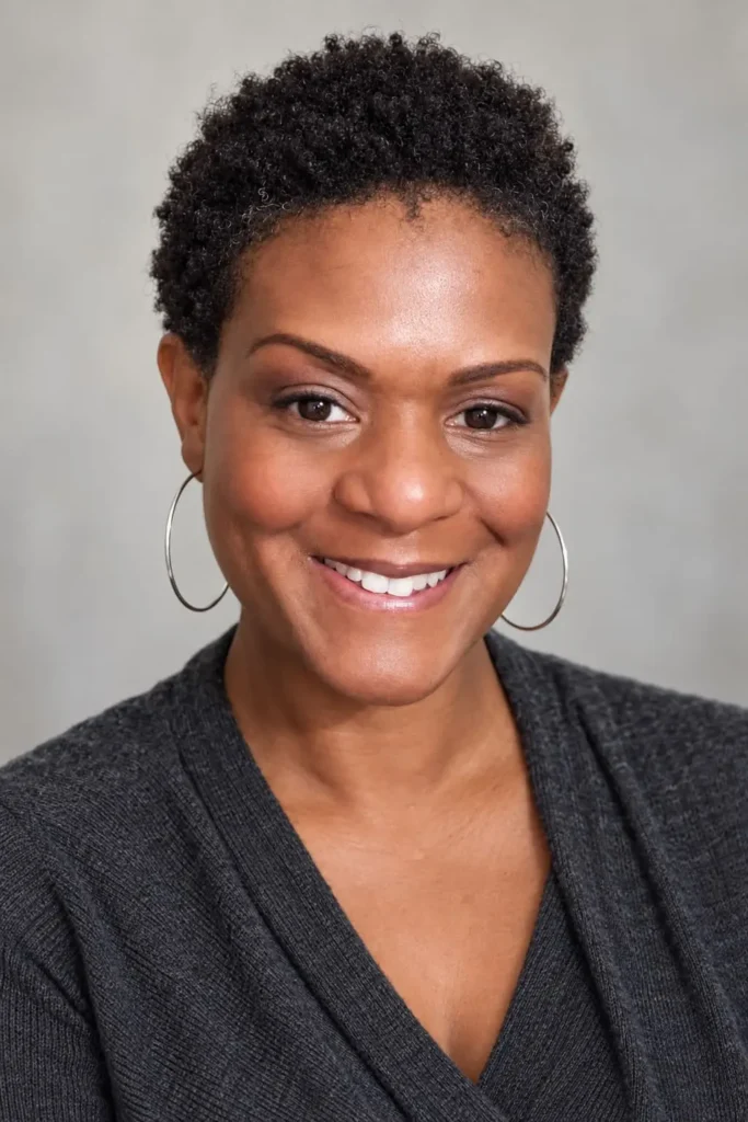 Short natural afro haircut for Black women over 50