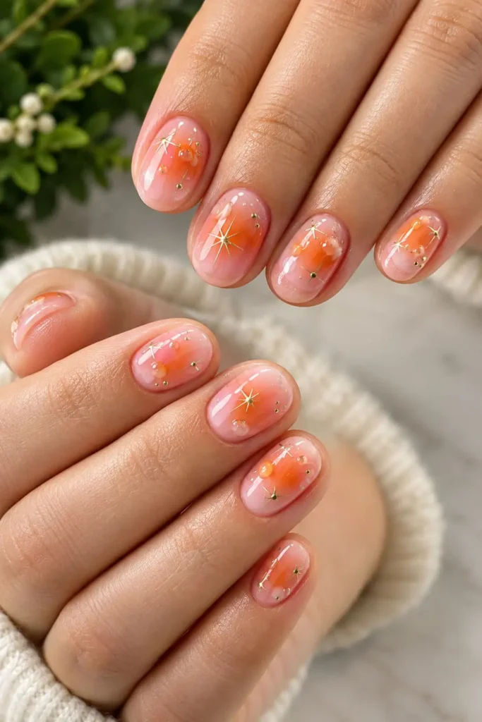 Short aura nails with a soft white base, subtle color glow and delicate shimmer