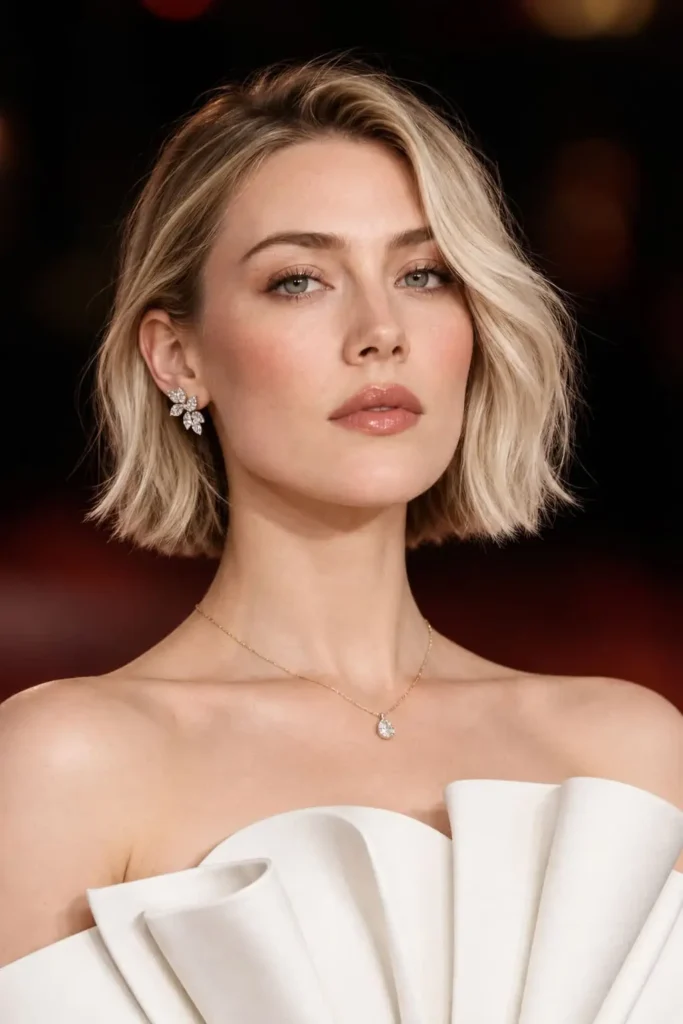 Woman with a short blunt wavy bob haircut featuring soft waves and a sharp jaw-length shape
