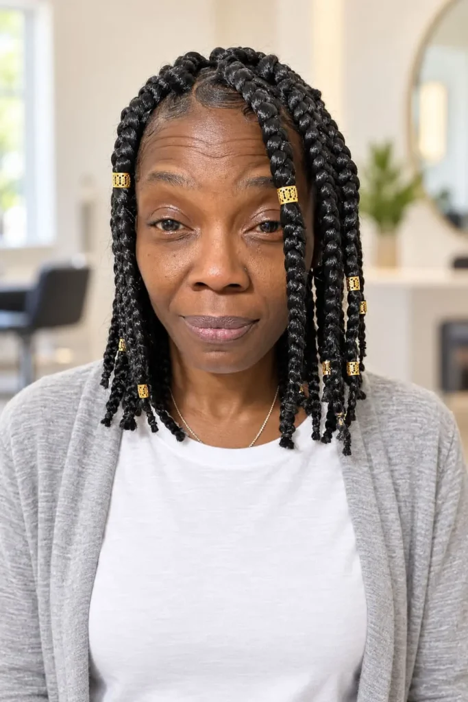 Short box braids hairstyle for Black women over 50 with natural hair