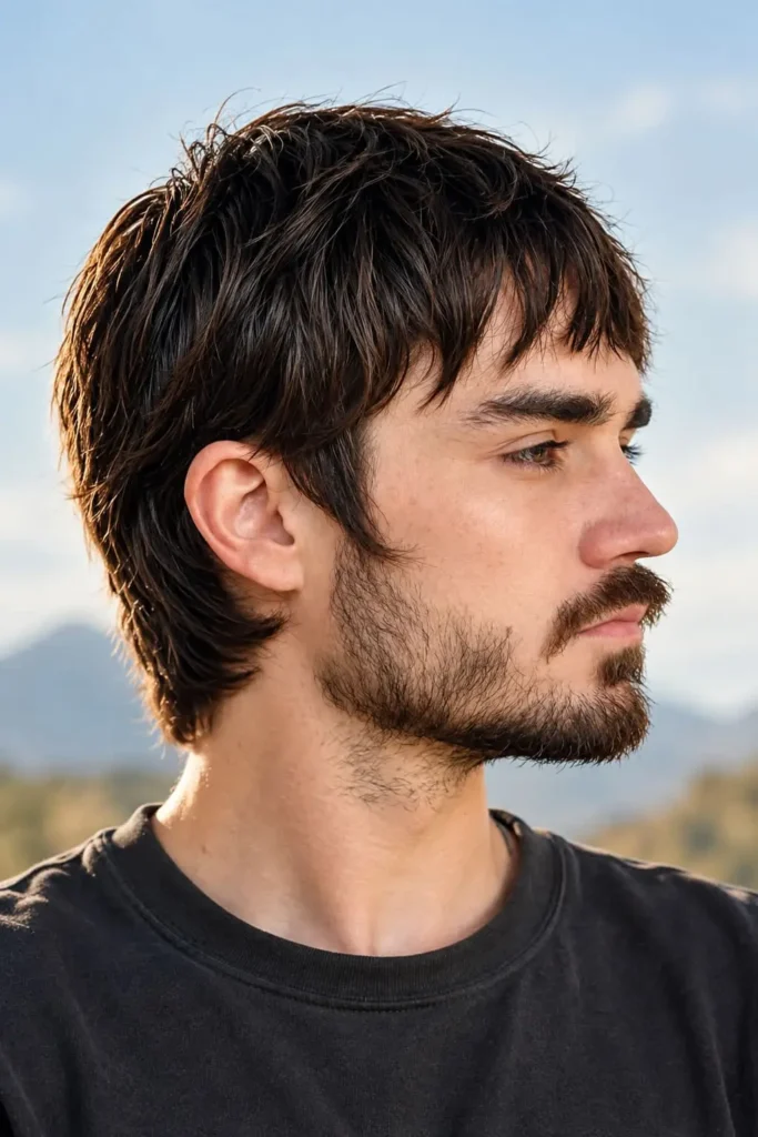 Short choppy mod haircut with textured layers, fringe, and beard