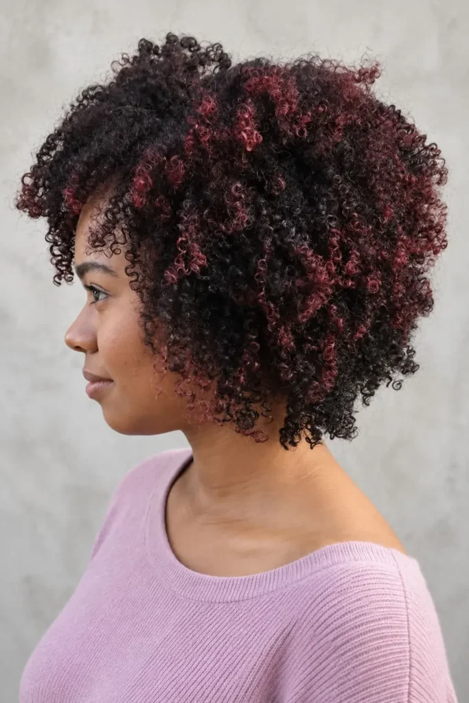 Short coily bob with magenta highlights for Black women over 50