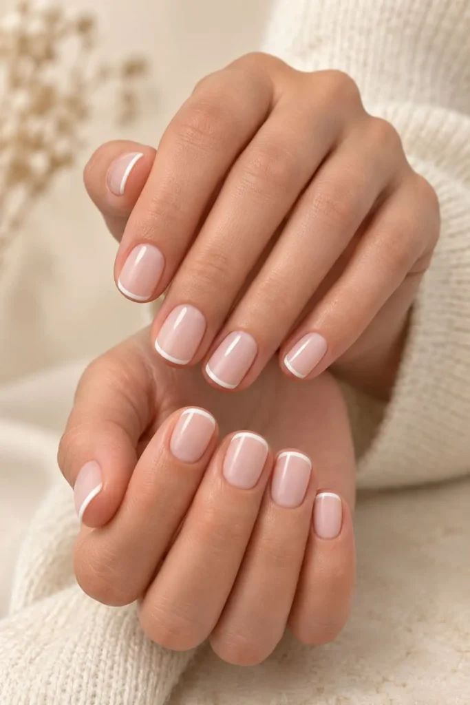 Short square nails with classic French tips and natural nail beds