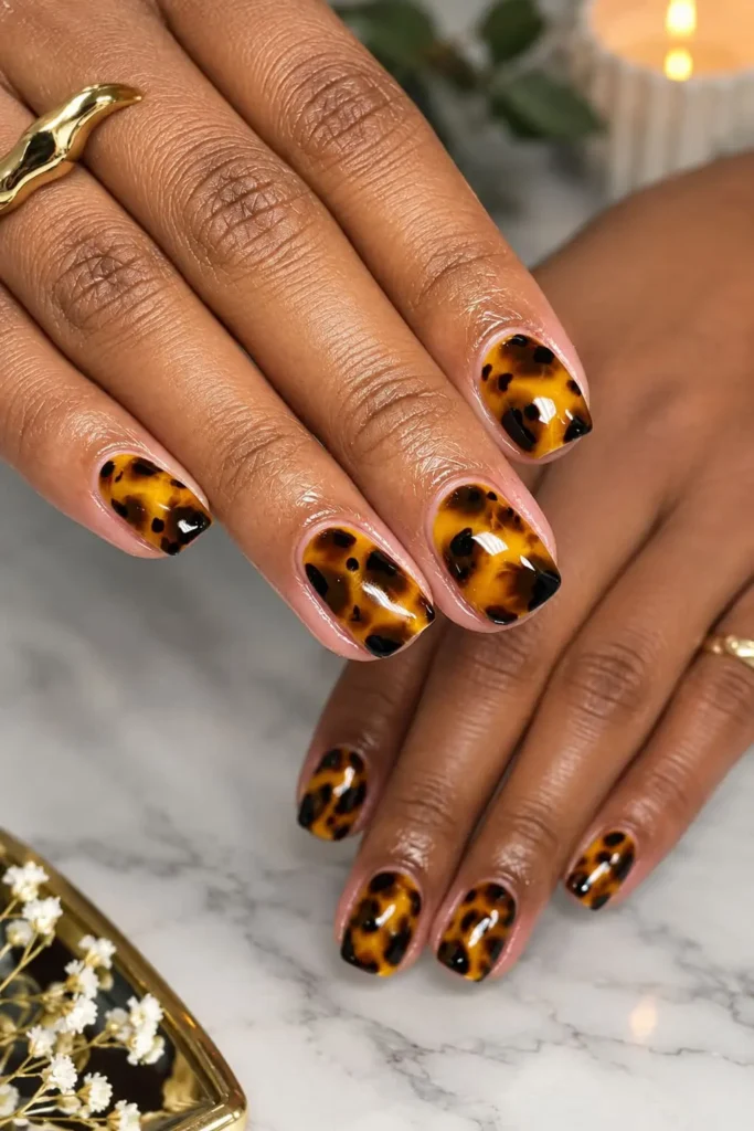 Short square tortoiseshell nails with a glossy brown and amber pattern