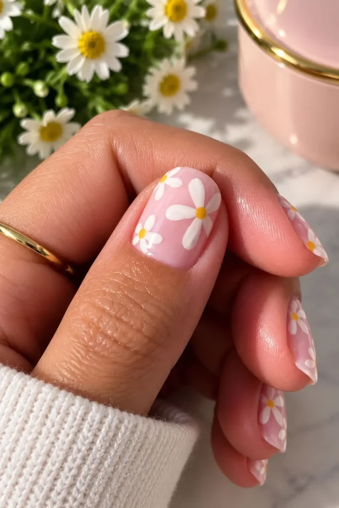 Ultra-short square nails with delicate floral accents and a minimalist finish