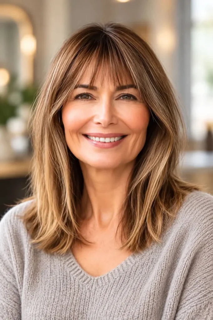 Shoulder-length haircut with wispy bangs for women over 60