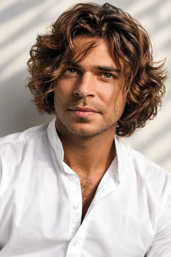 Shoulder-length wavy flow hairstyle for men with long professional hair