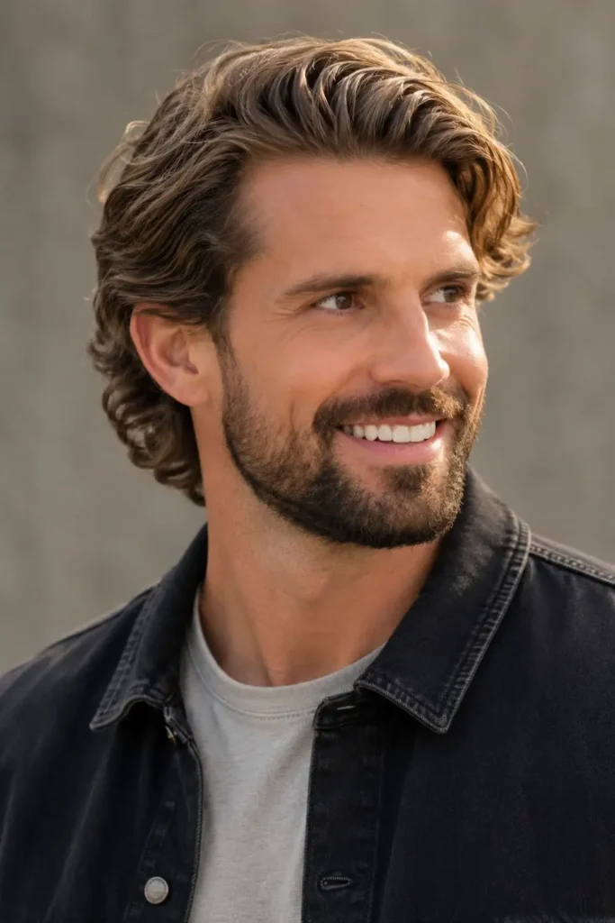 Side part flow hairstyle for men with a full beard and swept-back hair