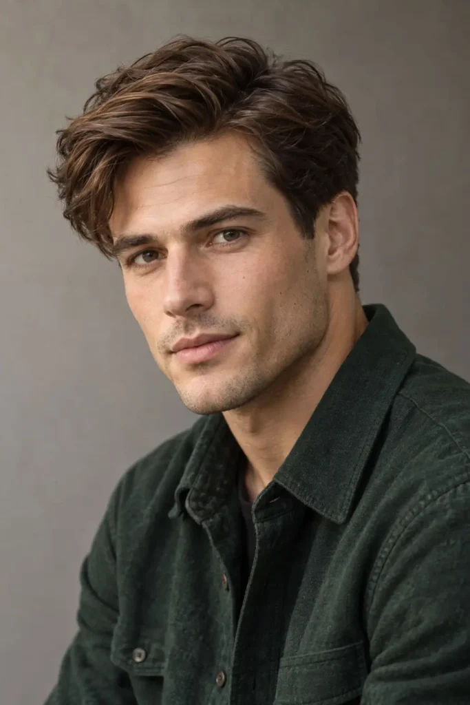 Man wearing a textured side part haircut that balances a heart-shaped face