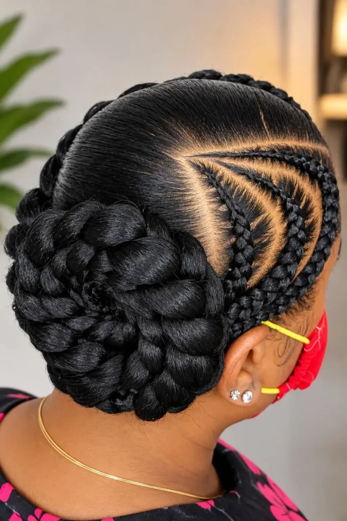 Side-swept stitch braids styled into a high rosette bun