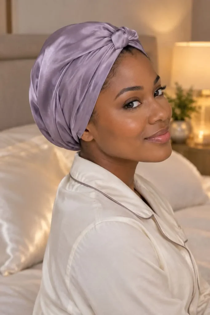 Silk scarf wrap protecting hair from friction while sleeping