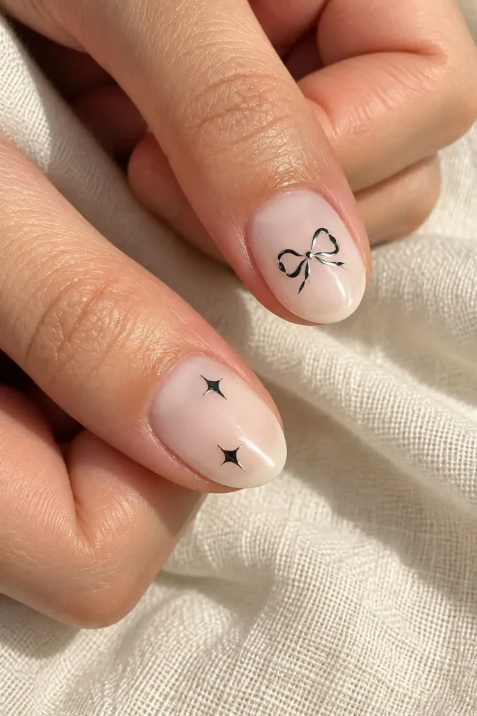 Silver bow nails with pearl accents and delicate ribbon details