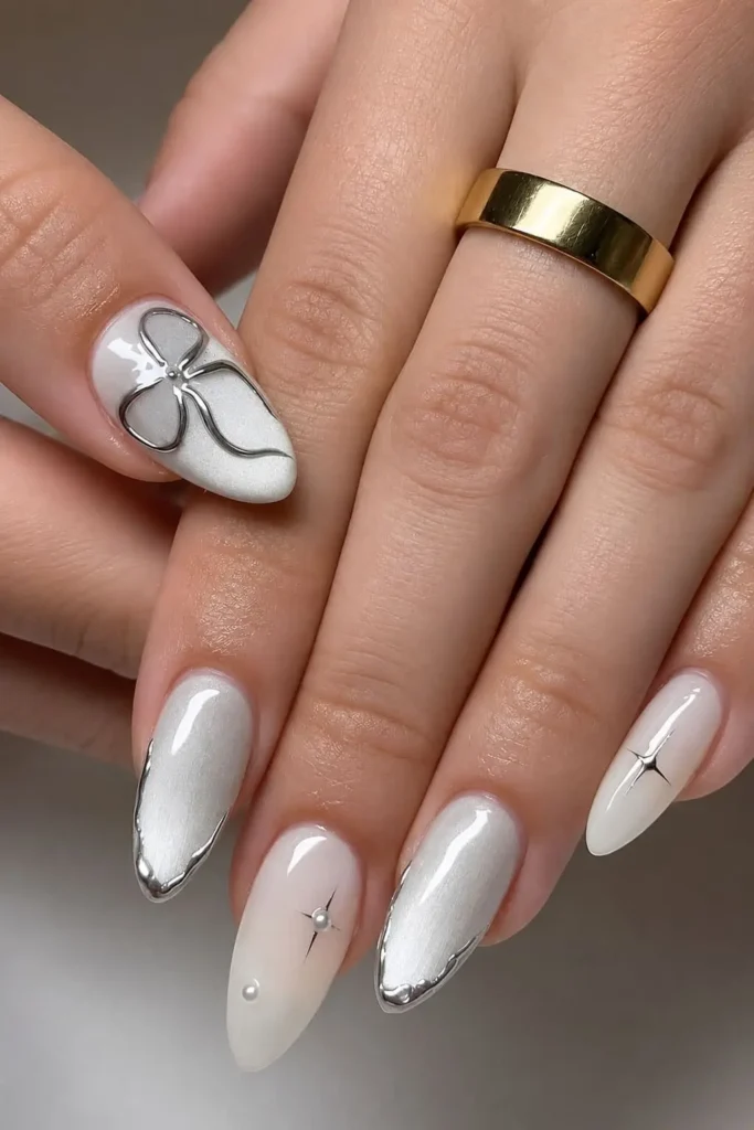 silver chrome cat eye nails with gray magnetic shimmer