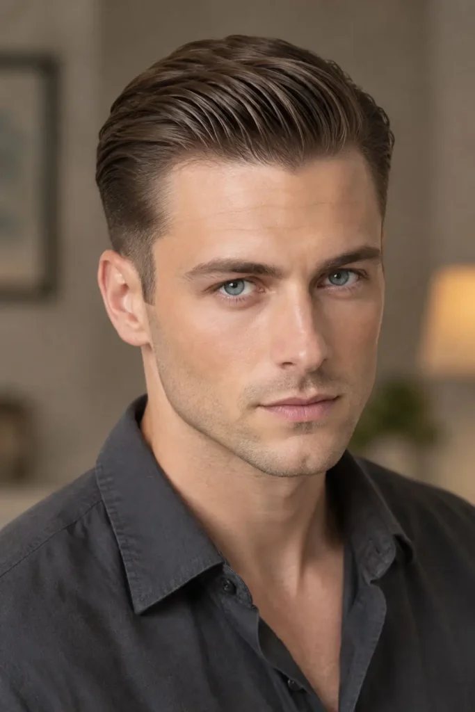 Man with a polished slick back hairstyle and tapered sides for a heart-shaped face