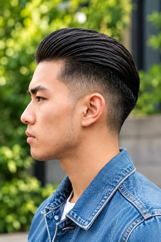 Slicked back undercut haircut for men with round faces and short tapered sides