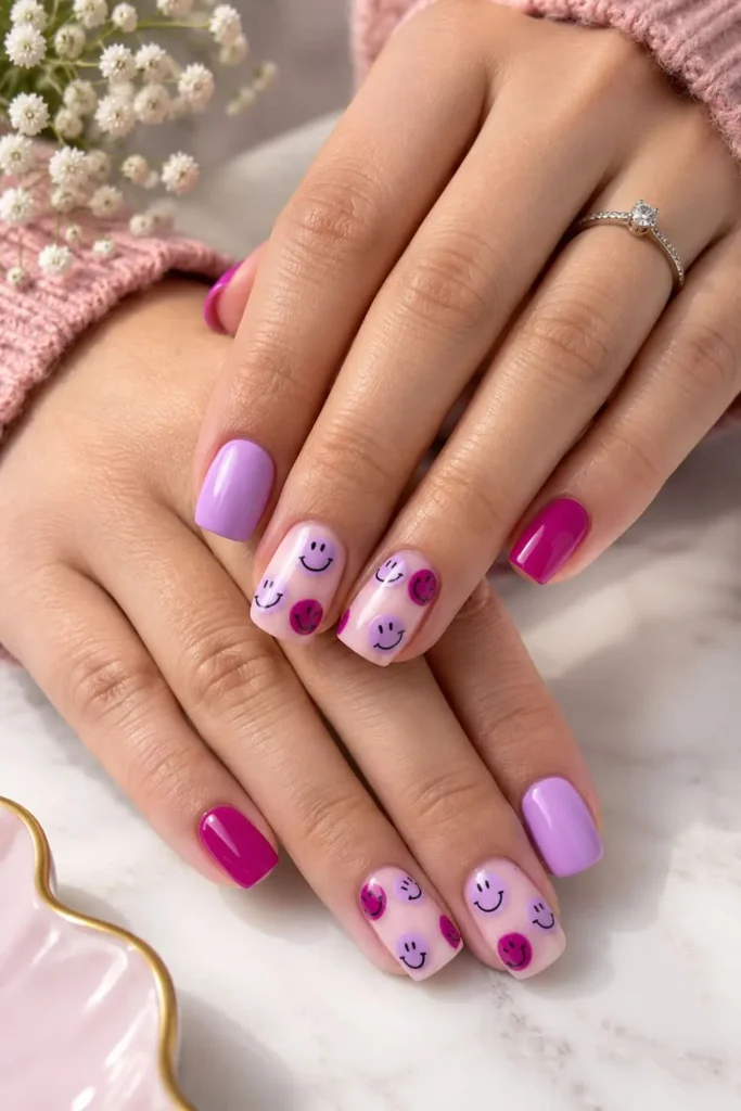 Short square nails with colorful smiley faces over a sheer nude base