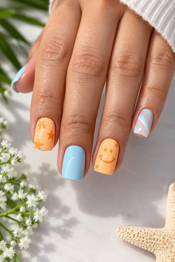 Playful short square nails with colorful smiley faces and star designs