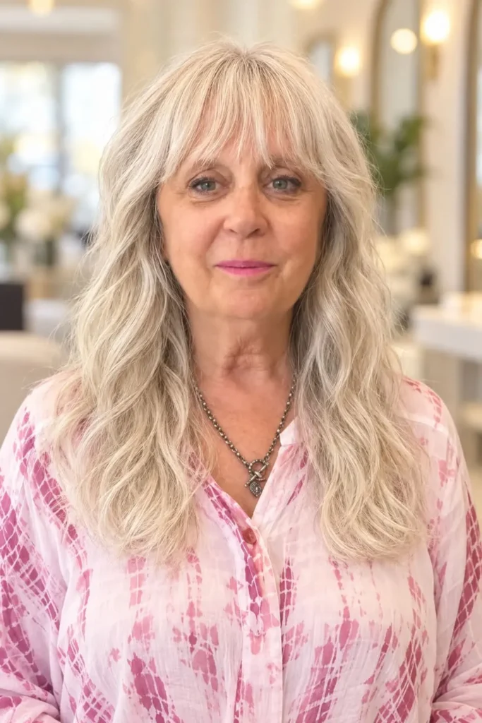 Soft long shag haircut with wispy layers for women over 60