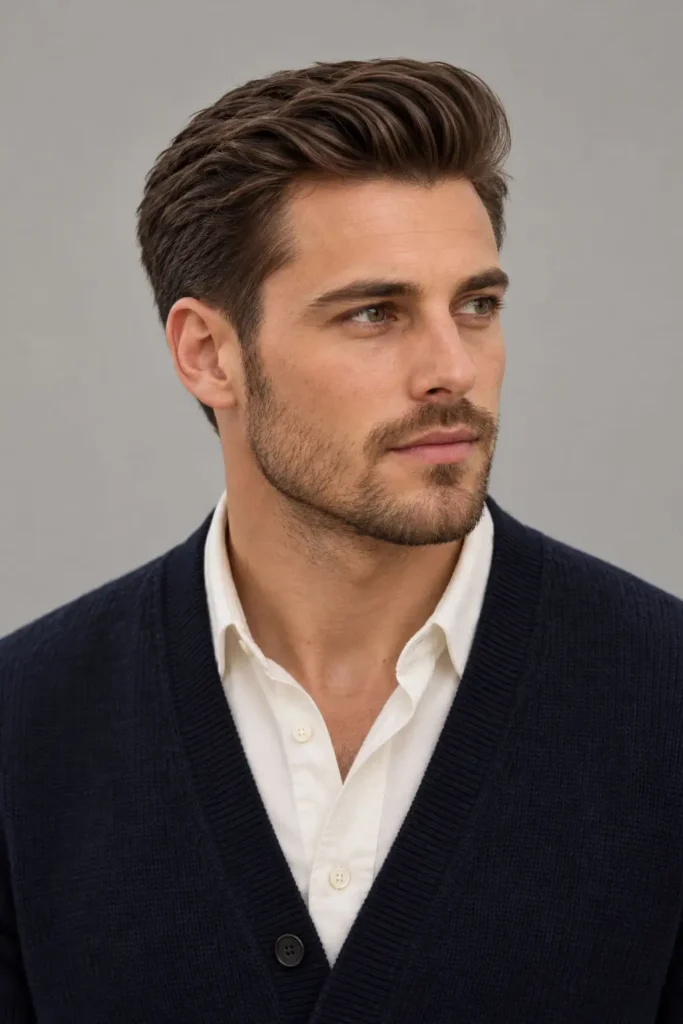 Man wearing a soft classic pompadour with moderate volume and neatly shaped sides