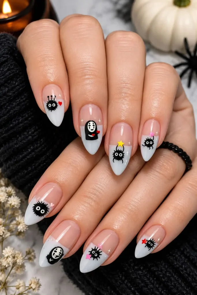 Spirited Away almond nails with No-Face, Soot Sprites and gray nude iridescent polish