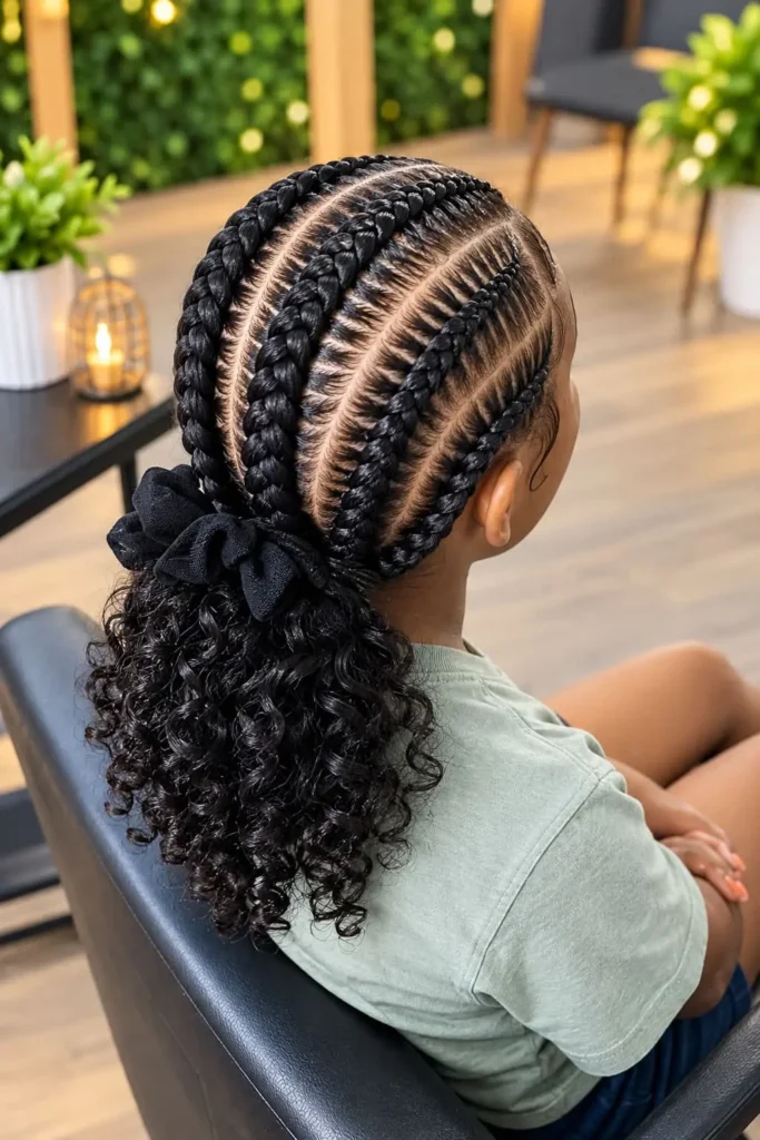 Stitch braids gathered into a voluminous curly bun