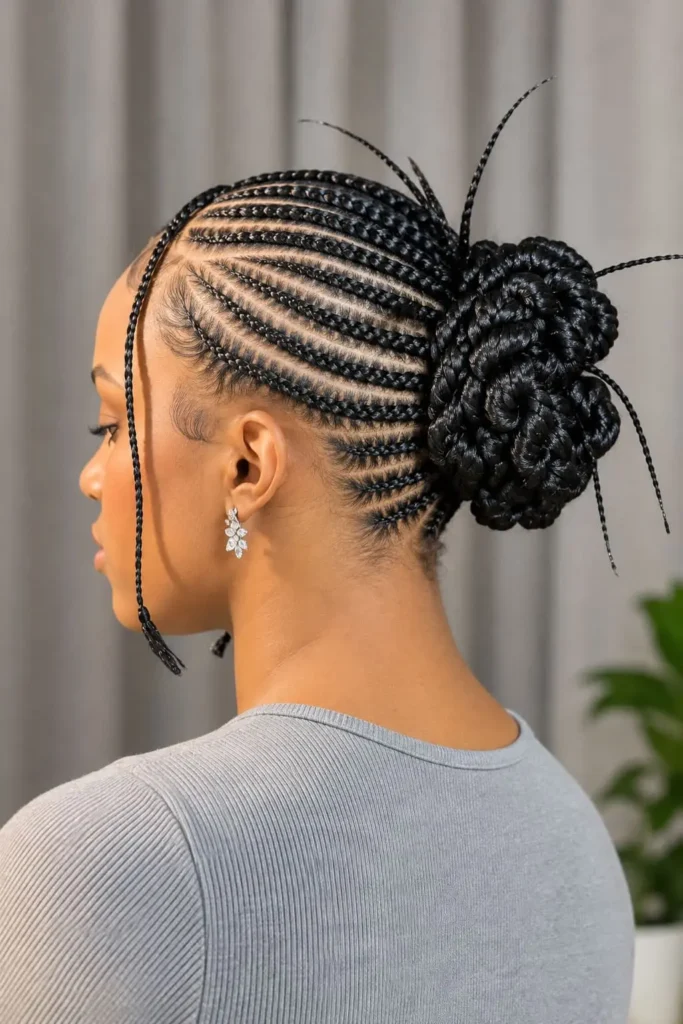 Stitch braids gathered into a large sculpted braided bun with face-framing strands